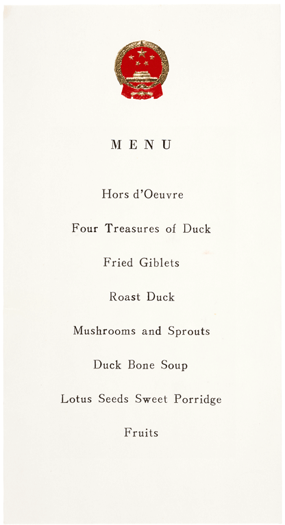 The all-duck menu from Nixon’s “reciprocal” dinner.